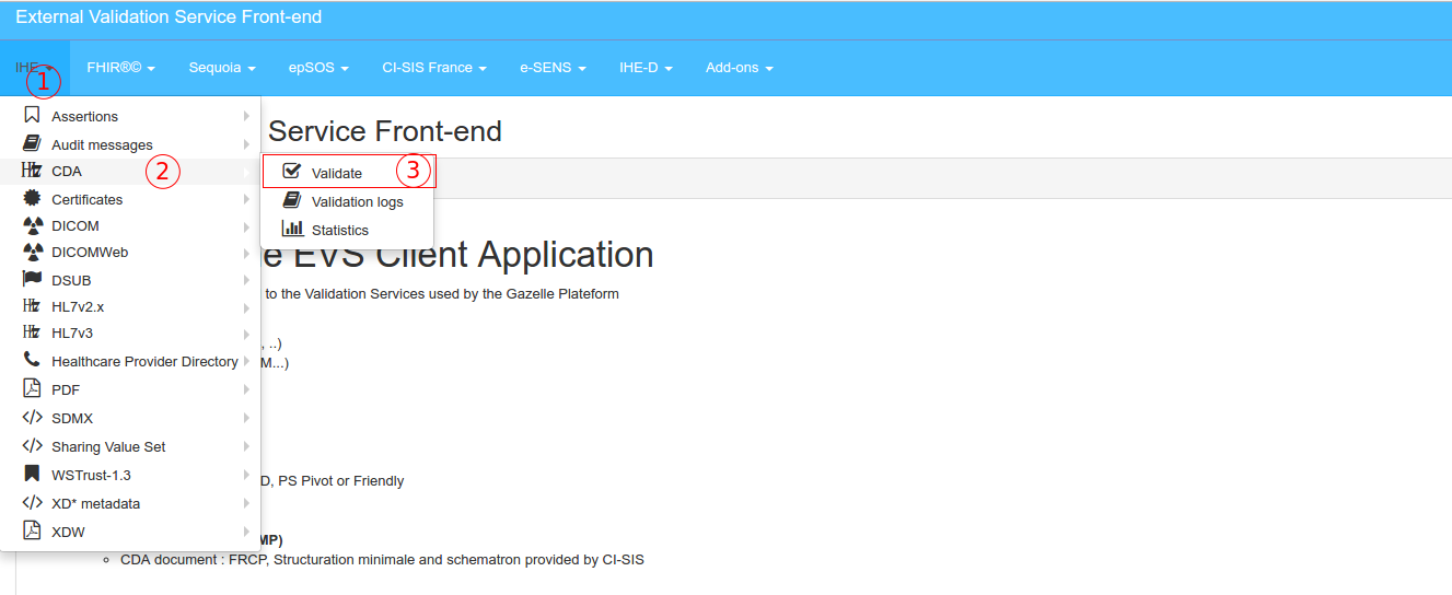 How to access CDA Validation from the menu